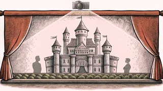 A castle outline projected from a film projector onto a theater wall above a concession counter.