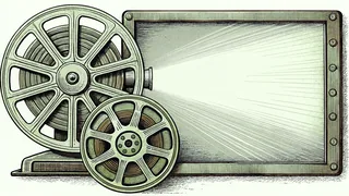 A film reel and vintage projector beam light onto a white screen for projection.