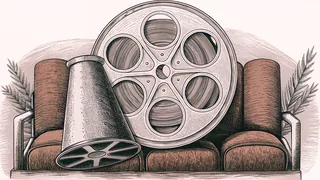 Movie theater elements including a film reel and stage spotlight arranged on classic cinema seating.
