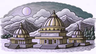 The sun and moon hang over ancient temples perched on high peaks.