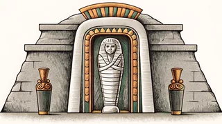 An ancient Egyptian mummy displayed in a decorated stone sarcophagus inside a pyramid.