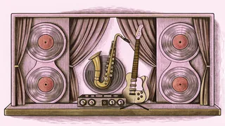 A colorful vinyl record sits beside a spinning turntable with a saxophone and acoustic guitar leaning nearby.