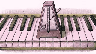 A metronome and tuning fork beside piano keys pressed into a three-note chord.
