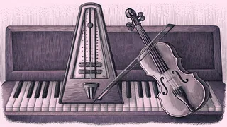 A violin sits beside a metronome and piano keyboard in a bright music studio.