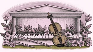 A grand piano stands beside a violin, bow, and resting flute.
