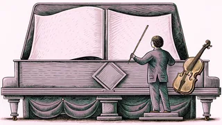 A conductor's baton rests on a wooden podium beside a grand piano and violin.