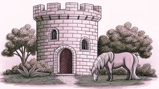 A pony grazes in a meadow beside a castle turret, a satin ribbon nearby.