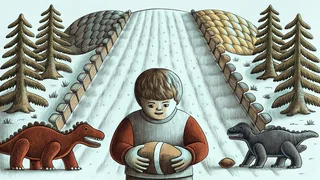 A child building LEGO bricks into a dinosaur model surrounded by sports and winter gear.