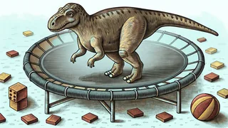 A toy dinosaur jumping on a colorful trampoline with LEGO bricks and a sports ball scattered nearby.
