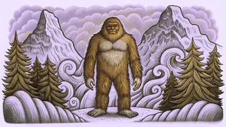 A yeti looms over a frozen, snow-covered mountain landscape shrouded in icy mist.