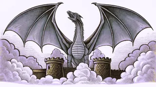 A golden dragon flies across a mystical landscape dotted with ancient towers and ruins.