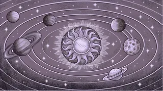 A model of the solar system showing eight planets in orbit around the sun.