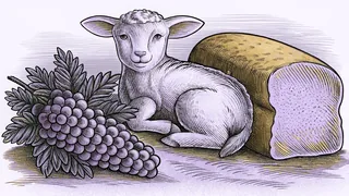 A lamb grazing beneath a grapevine with bread and golden light in pastoral fields.