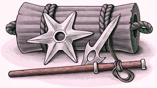 A shuriken and kunai lie across a wooden weapons rack beside a neatly rolled cloth headband.
