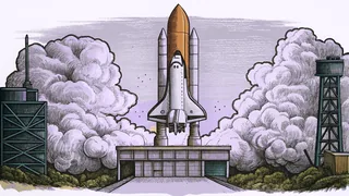 Space Shuttle at liftoff with blazing flames and thick exhaust cloud rising from the launch pad.
