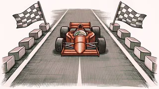 A red race car sits on an asphalt track beside a waving checkered flag.