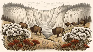 A bison roams vast canyon lands where a waterfall cascades near wildflowers.