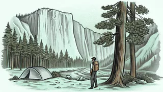 Park ranger with famous natural landmarks including canyons, geysers, and giant trees.