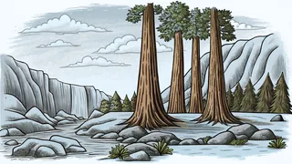 A scenic landscape with towering redwoods, dramatic arches, glaciers, waterfall, and wildlife.