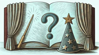 A magic wand and a pointed hat covered in stars flank a large question mark on the blank pages of an open book, framed by gathered curtains.