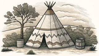 A Plains Indian encampment with traditional dwellings and ceremonial artifacts.