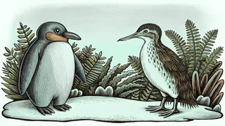 Native New Zealand birds including a blue penguin, kingfisher, and weka gathered in ferns