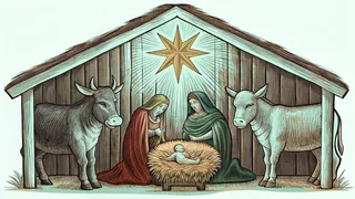 Wooden stable interior with animals beside manger, bright star shining through opening