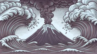 Natural disasters including erupting volcano, tornado, avalanche, tsunami, wildfire.