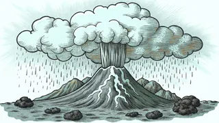 A volcano erupts beneath dark storm clouds with lightning splitting the sky.