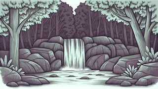 Natural landscape with forest, water features, and rocky formations