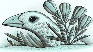 An illustrated study of a bird's head beside a stem of spiked seed pods.