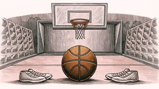 A basketball sits on a polished court near a net with sneakers beside it.