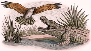 A fierce alligator swims beside a diving hawk above murky water.