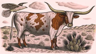A horned longhorn steer stands beside a soaring hawk in desert scrubland.