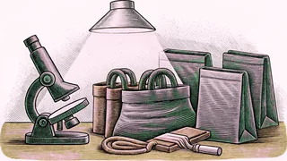 Forensic tools and evidence bags sit on a laboratory bench beside a microscope.