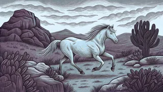 A wild mustang gallops through desert sagebrush beneath red stone cliffs.