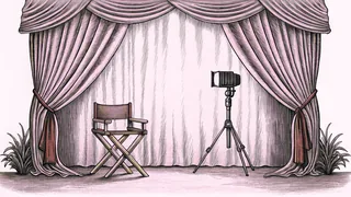 Studio filming equipment including a mounted camera and director's chair arranged on a television set.