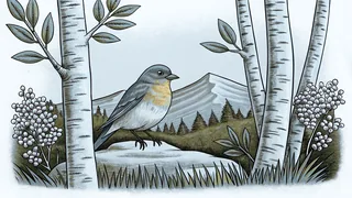 A finch among lilac flowers and white birch trees with mountains beyond.