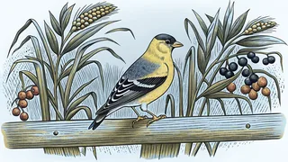 A goldfinch perches on a wooden boardwalk rail with fresh blueberries, ripe tomatoes, and corn stalks in the background.