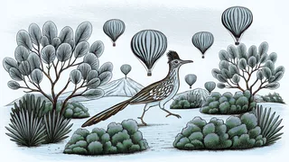 A roadrunner races through desert pinon trees beneath floating hot air balloons.