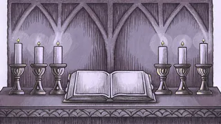 Illuminated sacred texts arranged with glowing candles in soft light