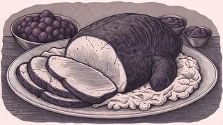 A Thanksgiving dinner plate featuring sliced turkey with mashed potatoes and cranberry sauce.