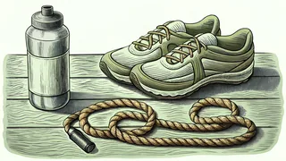 Running shoes sit beside a water bottle and a coiled skipping rope on a bare wooden floor.