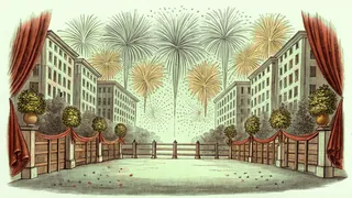 A New Year's celebration with raised champagne glasses, confetti, decorations, and fireworks.