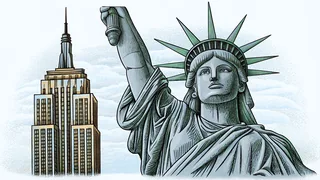 The Statue of Liberty and Empire State Building silhouetted at sunset.