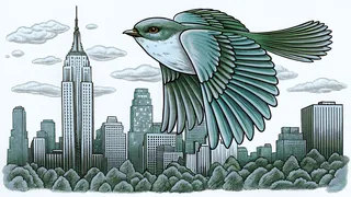 A bluebird soars over Central Park toward the Empire State Building.