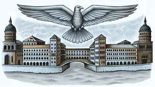 An eagle flying past Newark's iconic brick warehouses by the river.