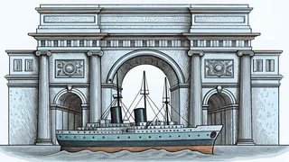 A warship steams toward a monumental arch celebrating maritime heritage and naval tradition.