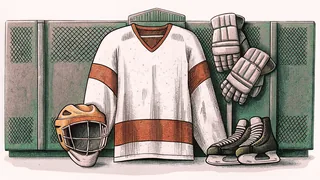 A hockey jersey hangs on a locker beside a protective helmet with heavy gloves draped over it.