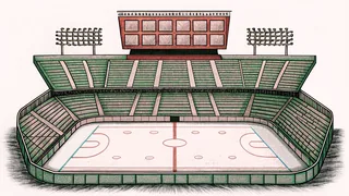 A hockey arena scoreboard glows above empty ice with bleacher seats beside bright stadium lights.